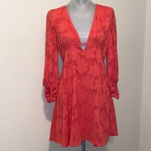 Anthropologie Orange-Red V-Neck Long Sleeve Mini Dress